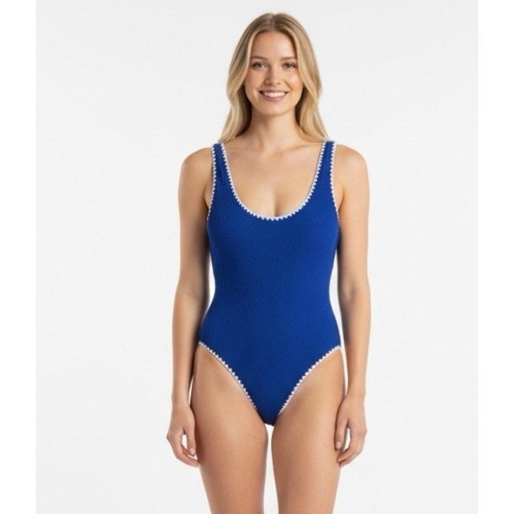 Betsey Johnson M  1-Piece Textured Blue Ribbed Crochet Edge Swimsuit NEW 1772